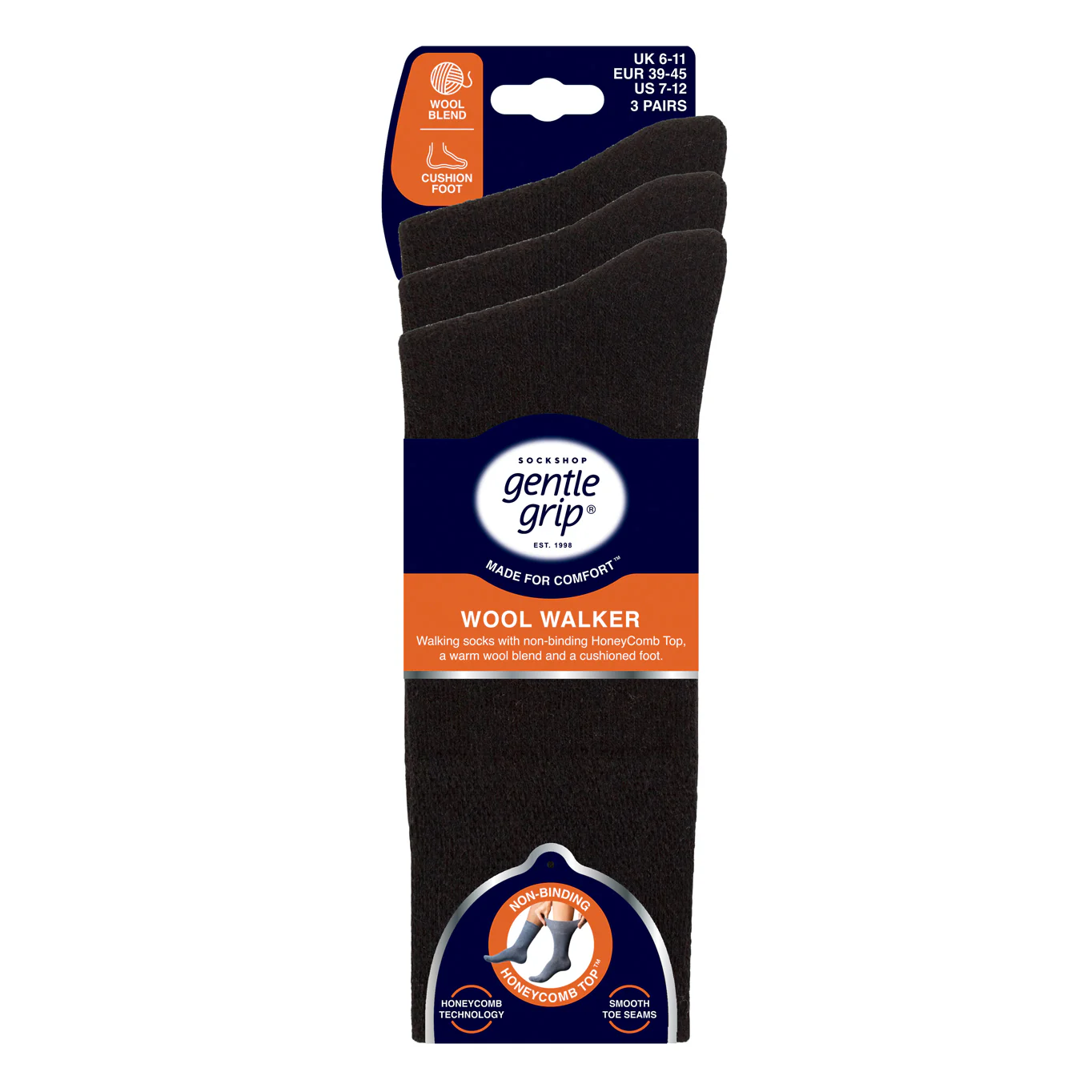 3 Pairs Gentle Grip Wool Walker Socks - Black - Image 4